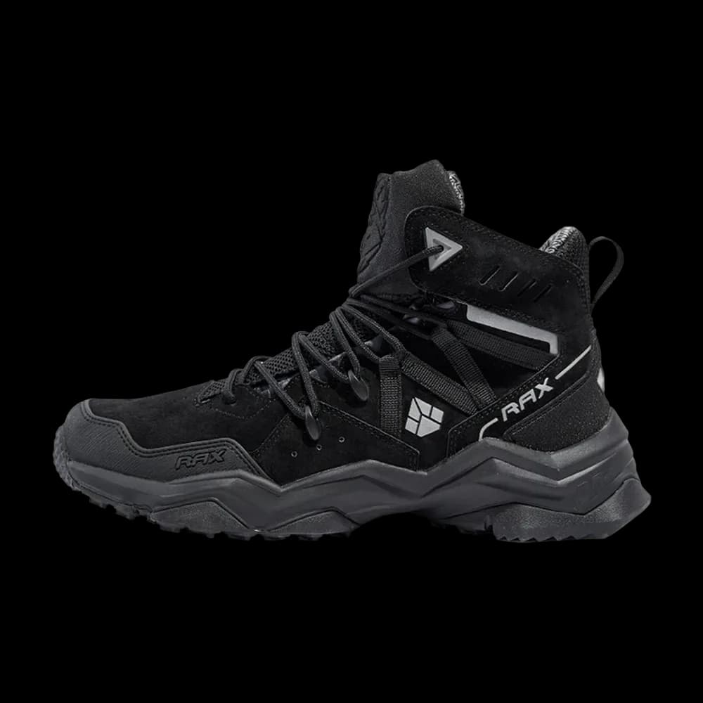 Side profile in Black, all-black suede and mesh upper with a black lugged outsole
