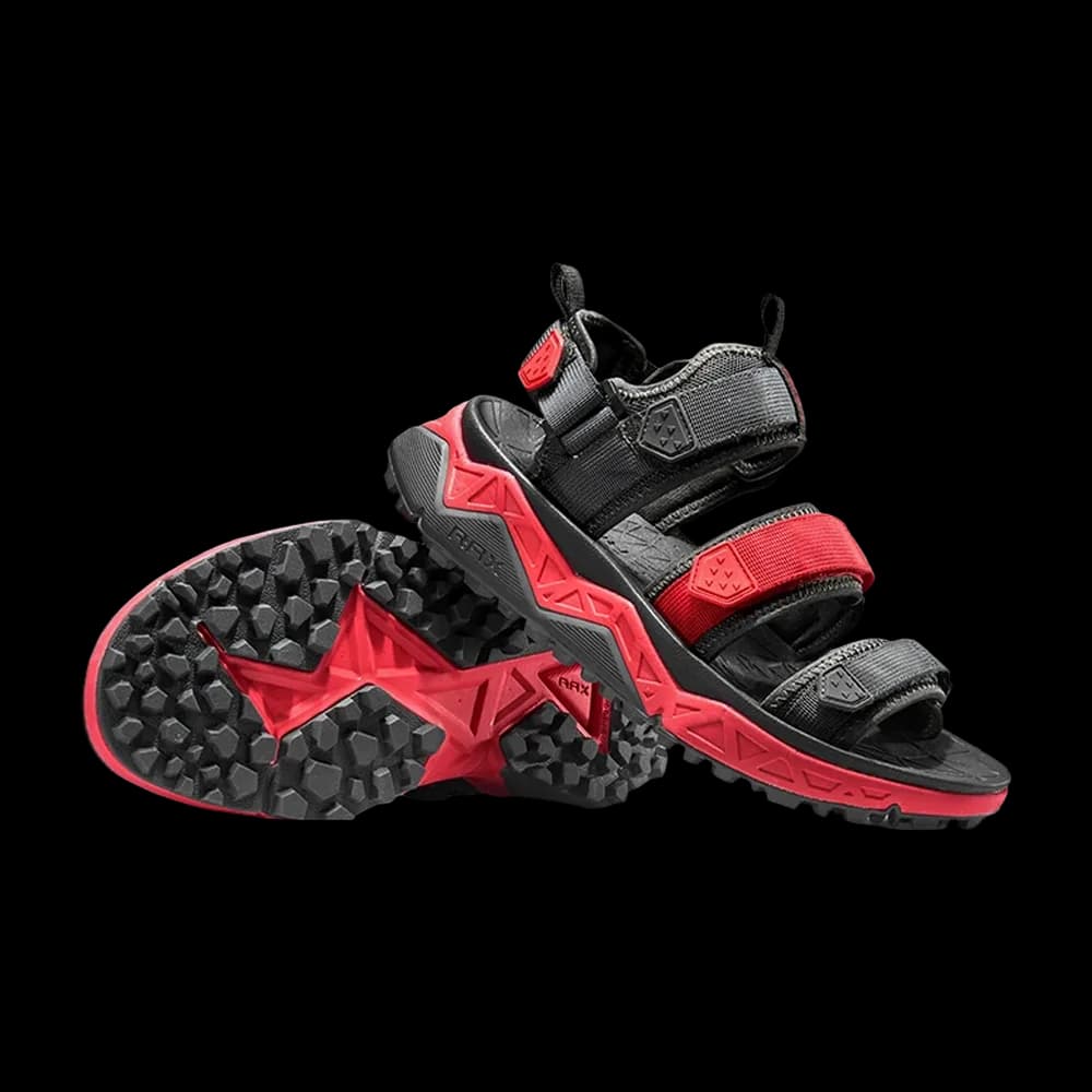 Pair in Gray Red with the lugged outsole facing forward