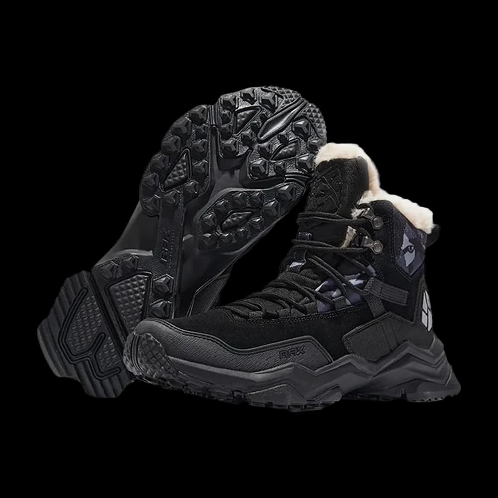 RAX Plush Snowboots in Black Camo, pair shown with the winter lug outsole facing forward