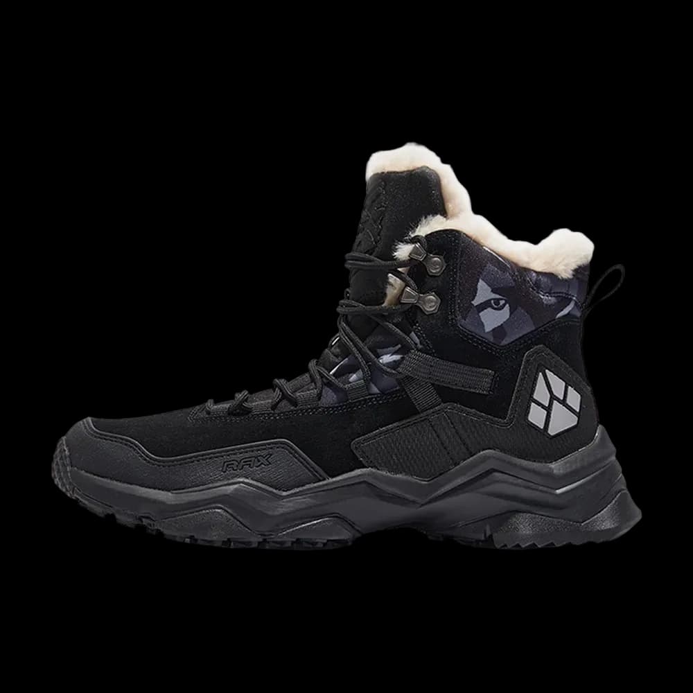 RAX Plush Snowboots in Black Camo, side profile showing the mid-high plush-lined collar