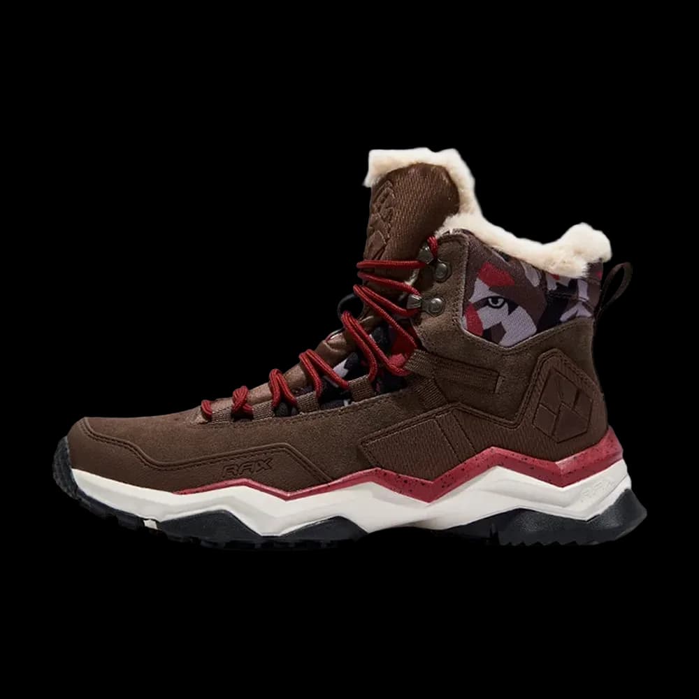 Side profile in Brown with red laces and the wolf camo ankle panel