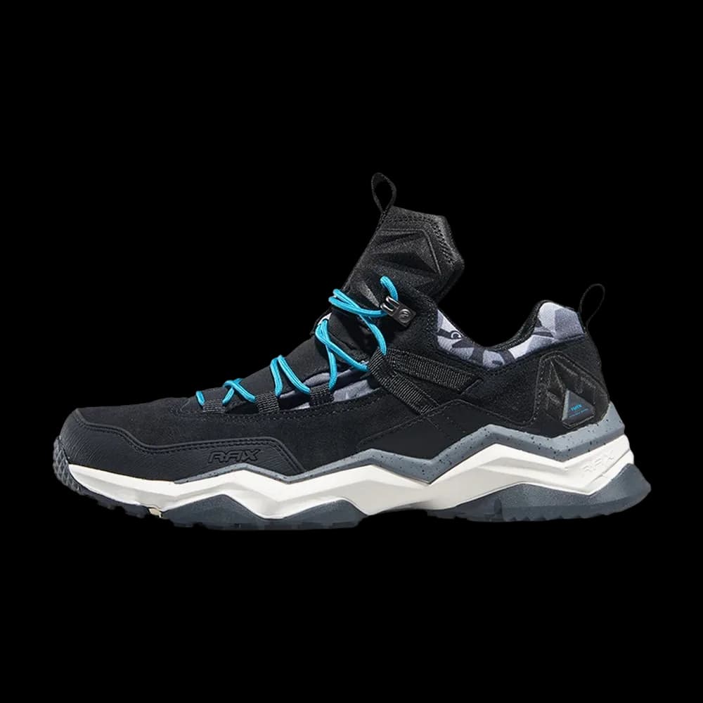 Side profile in Black with blue laces and a camouflage tongue lining